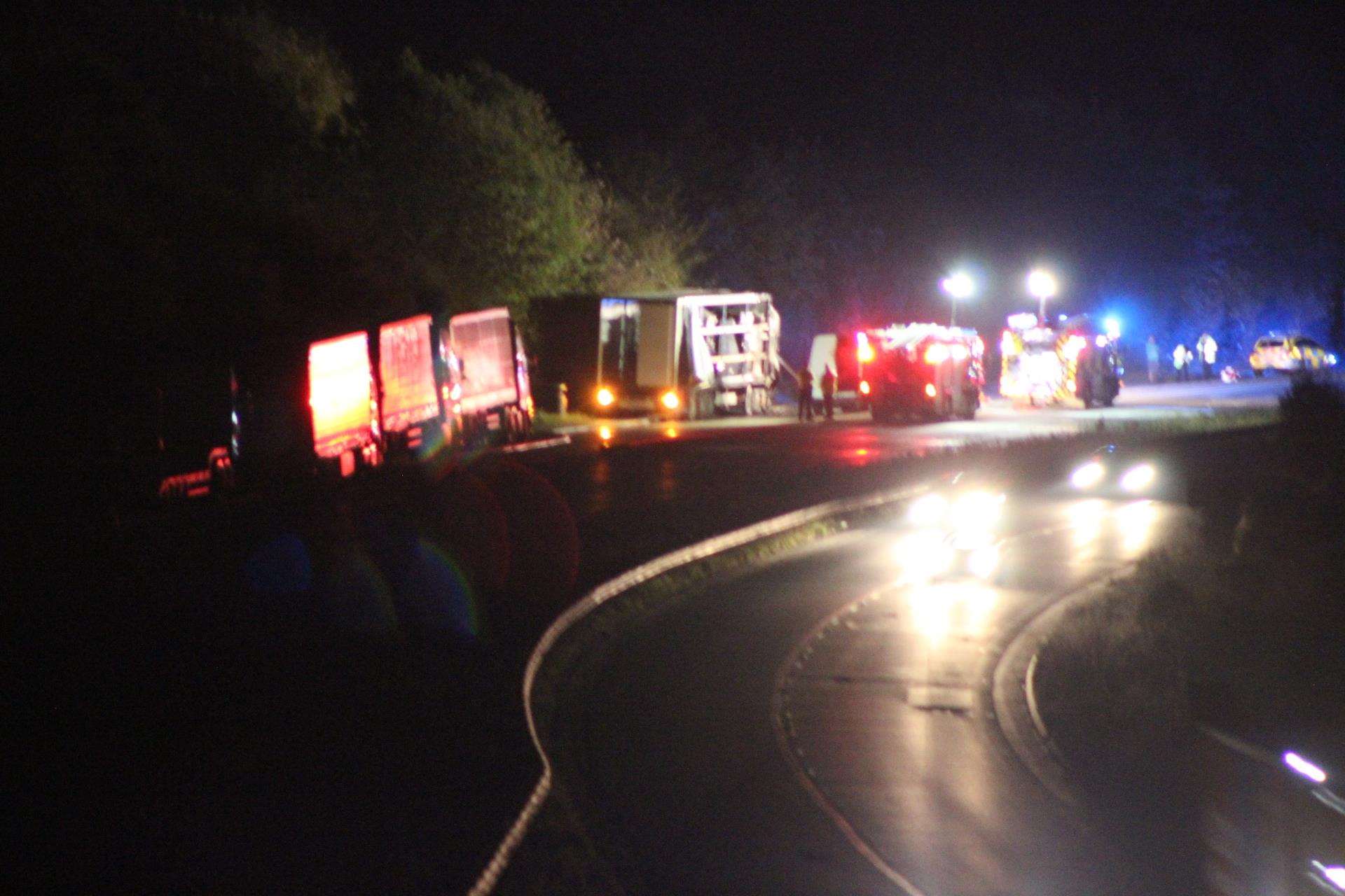Fire crews battled a blazing truck on the A249 at Stockbury near Sittingbourne tonight (4836869)