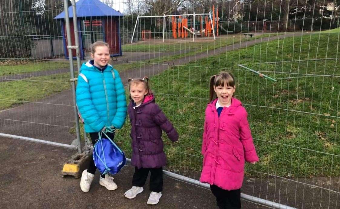 Matilda, 10, Nancy, six, and Martha, six, are excited for when Hesketh Park, in Park Road, Dartford reopens after its makeover