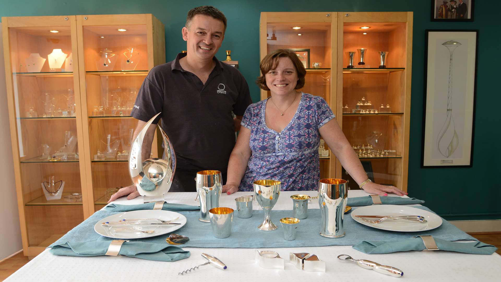 Steve and Karen Ottewill in the showroom at Ottewill Silversmiths in Smeeth
