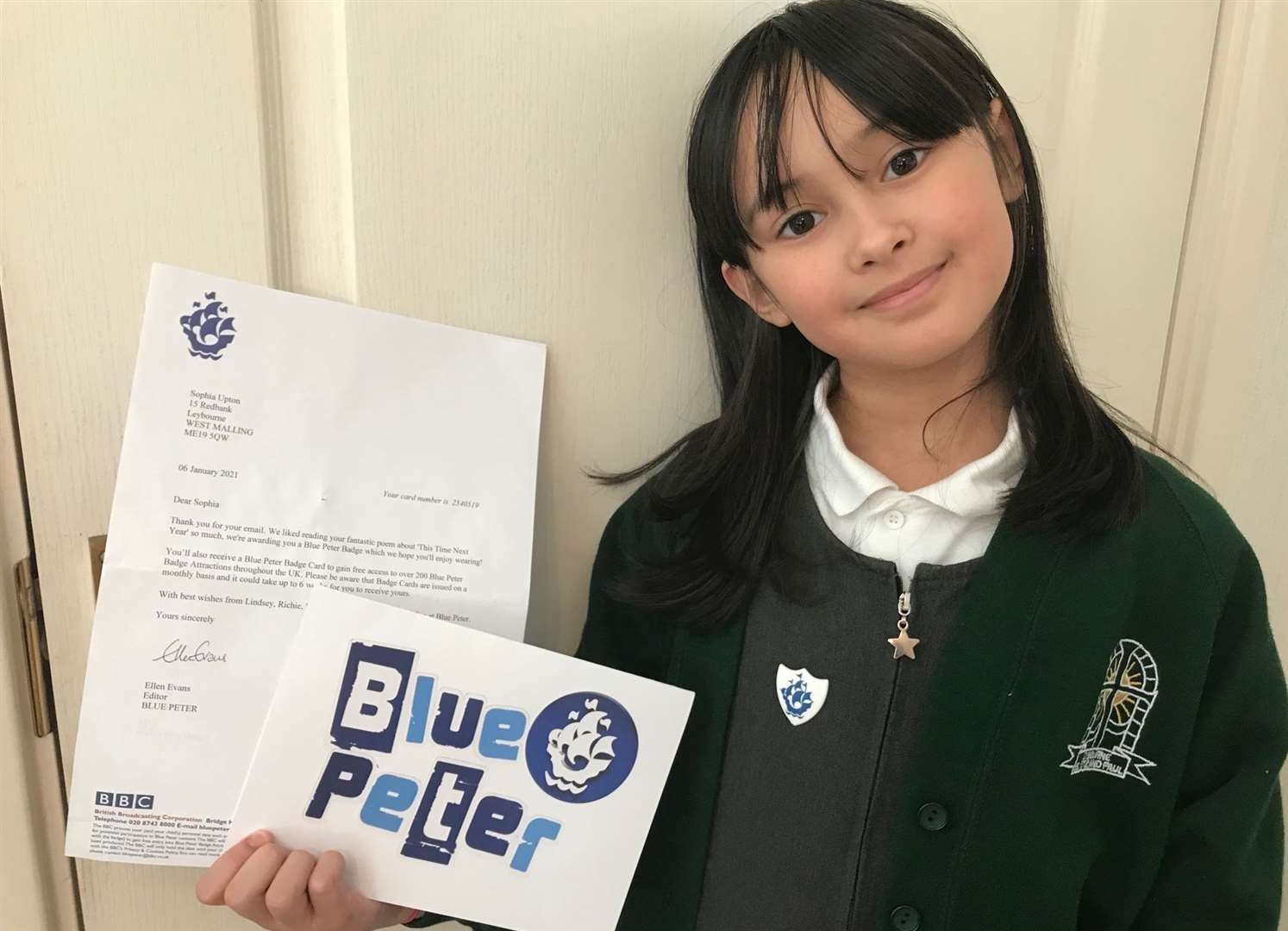 Sophia from Leybourne is proud of her Blue Peter badge