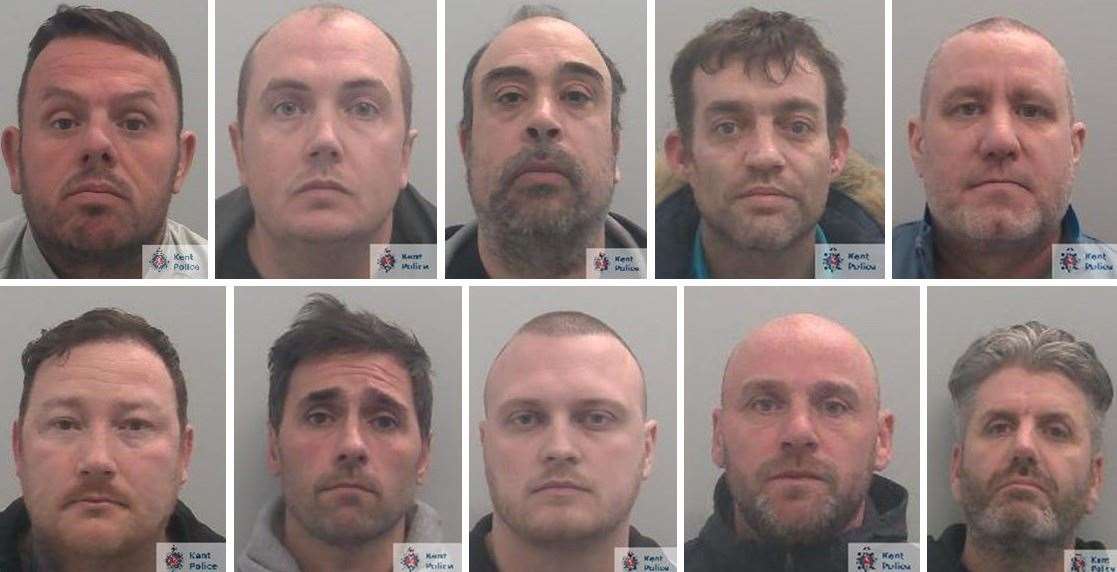 The offenders were sentenced at Maidstone Crown Court. L-R: Kevin Ratcliffe, Patrick Hallahan, James Savva, Carl Crabtree, David Squires, Michael Blewett, Damion Freeman, Jessie Cockle, Richard Shelton and Lewis Cosgrove. Picture: Kent Police