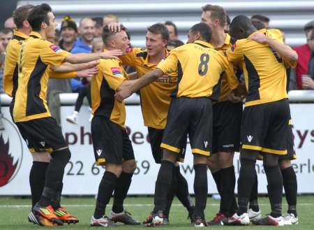 Captain Shaun Welford celebrates scoring Maidstone's second goal against Dulwich