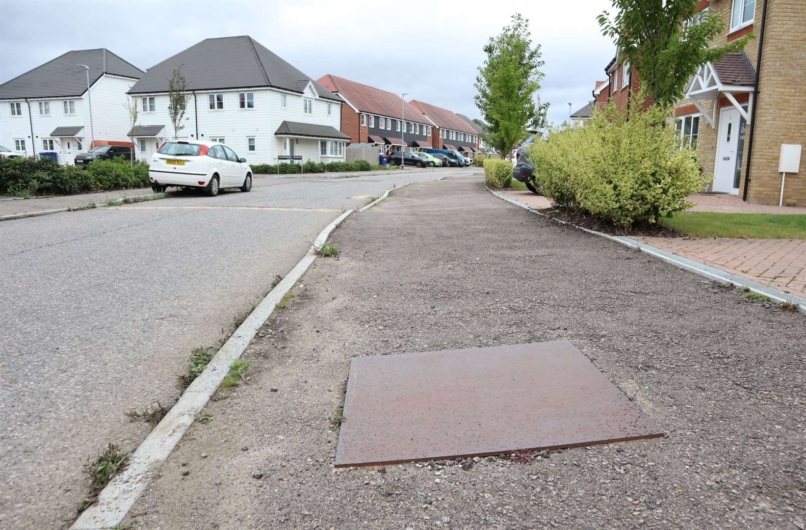 Unfinished pavement in Eveas Drive, Heron Fields, Great Easthall, Murston, Sittingbourne