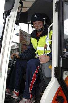 Kent Cricket Captain Rob Key finds himself in the driving seat during the groundbreaking ceremony for the start of redevelopment work at the St Lawrence Ground on Monday. Picture: Chris Davey