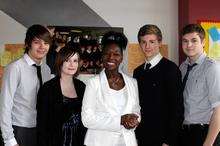 Anthony Halsall, Lucy Boyle, Baroness Benjamin, Louis Russon and Miles Brown at the Isle of Sheppey Academy