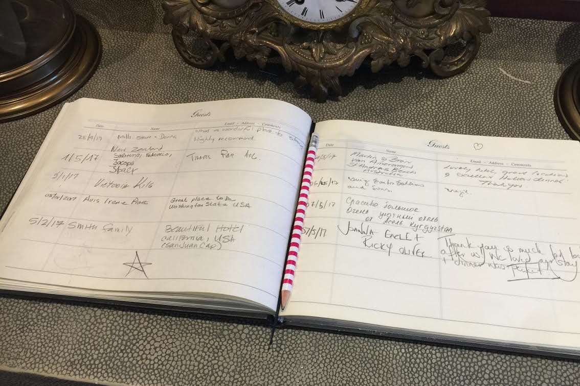 The guestbook at The Pelham Hotel