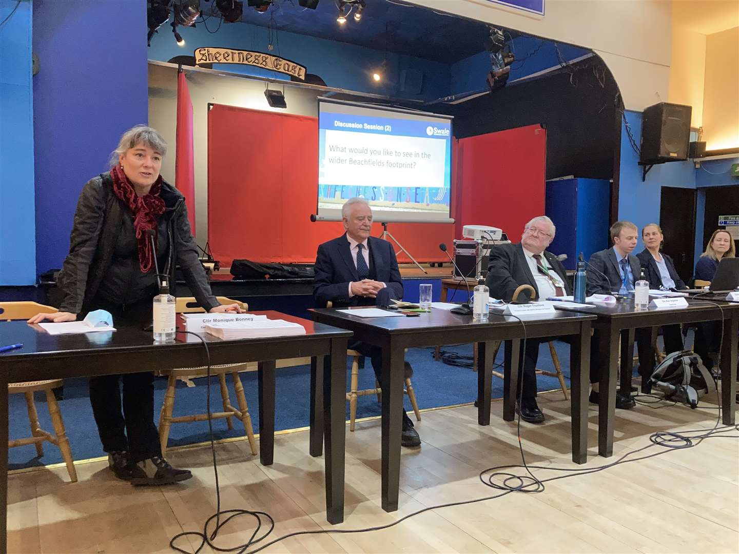 Cllr Monique Bonney taking questions at Sheerness East WMC for the extraordinary meeting of the Sheppey Area Committee to discus Swale council's bid for £20m to level-up Sheerness. Picture: John Nurden