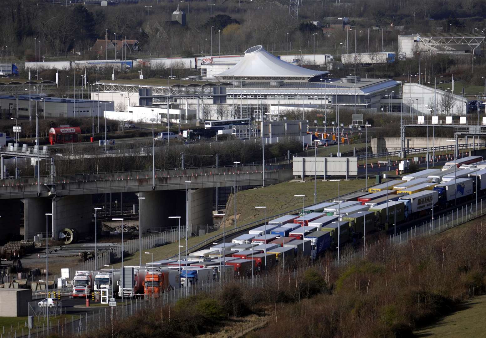 Delays at Eurotunnel in Folkestone can often lead to queues building along the M20. Picture: Gary Browne