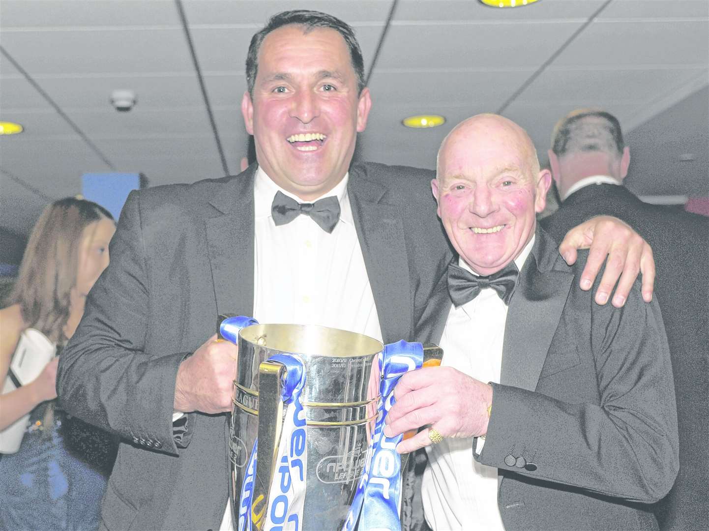 Malcolm Stedman celebrates winning the League 2 title in 2012/13 with then boss Martin Allen. Picture: Barry Goodwin