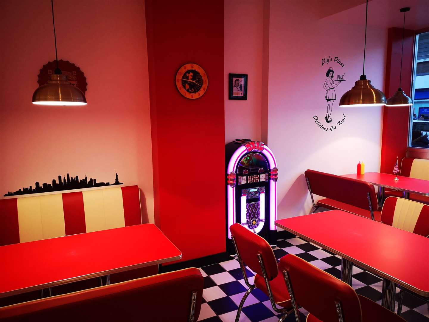 The diner boasts a retro 50s themed interior
