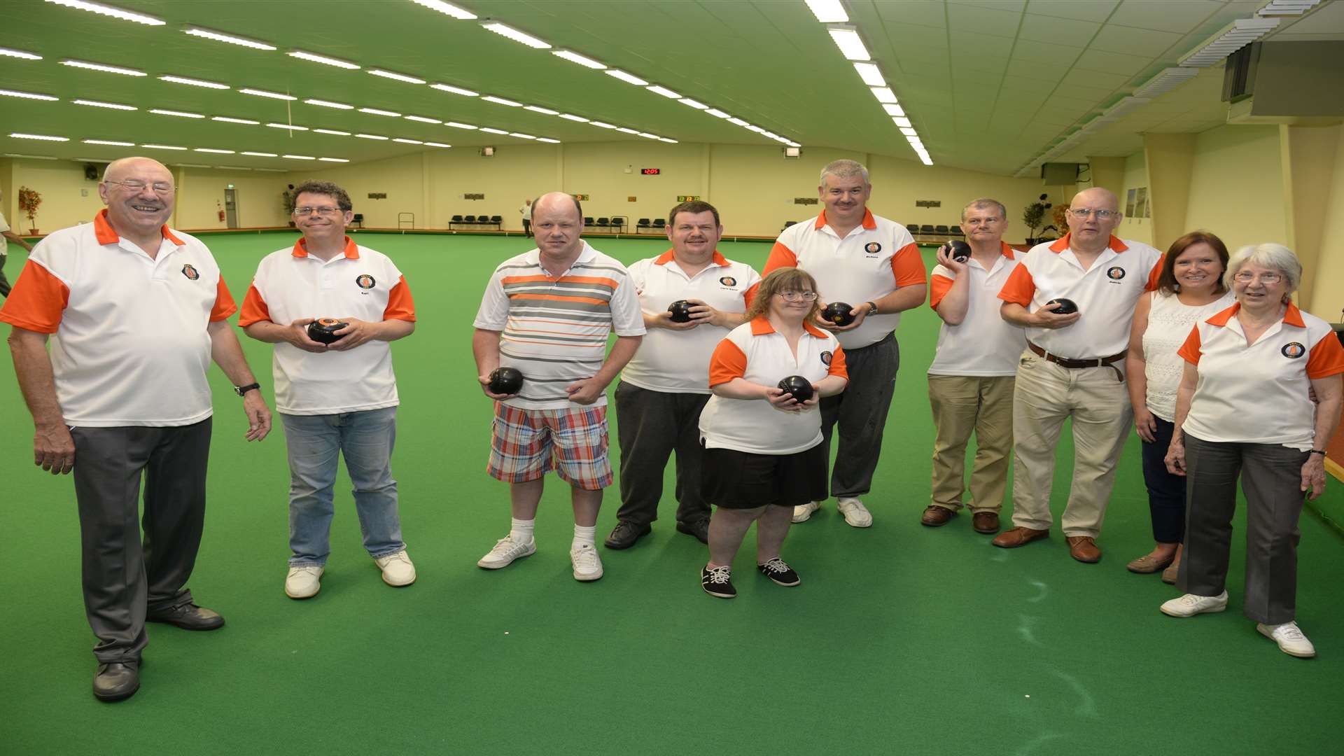 Coaches Robin Ingram, left, and Joyce Bacon, right, with participants at the Swale Indoor Bowls Centre