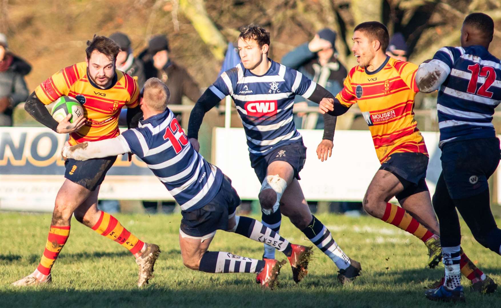 Owen Church-Mills with the ball for Medway against Westcombe Park, supported by Ben Dance. Picture: Jake Miles Sports Photography