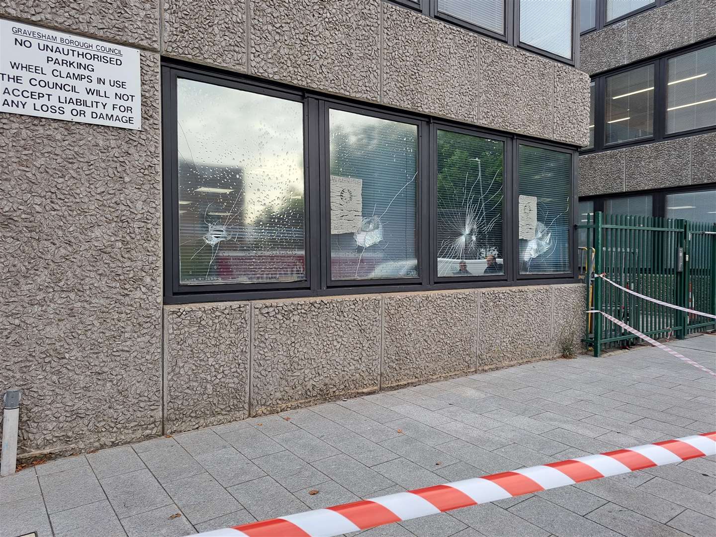 Smashed windows at The Woodville and Gravesham Civic Centre in Windmill Street, Gravesend