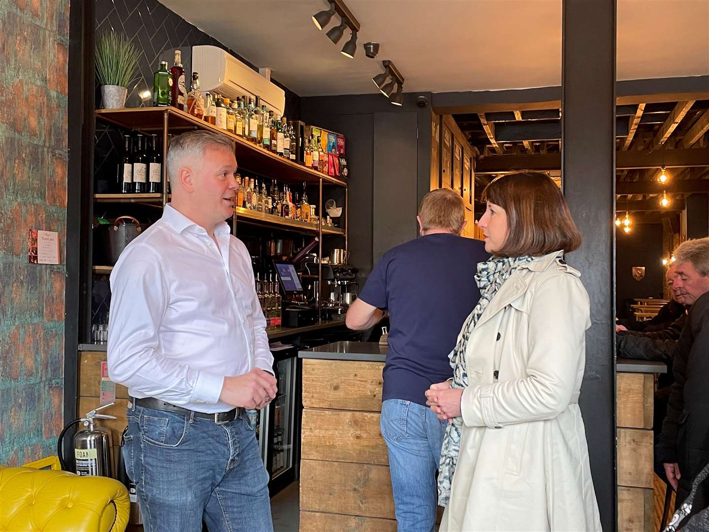 Rachel Reeves speaking to owner of the Invicta Bar, Mat Stevens