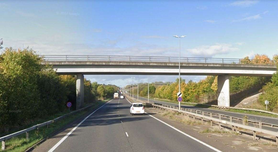 Cars travelling on the A299 New Thanet Way were targeted from the Crab and Winkle footpath bridge in Whitstable. Picture: Google