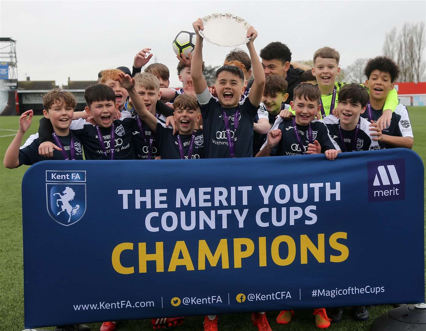AFC Worthing celebrate winning the Kent Merit Under-13 Boys Plate Final. Picture: PSP Images