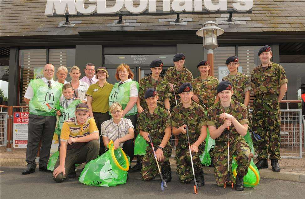 McDonald's Staff and the Royal Marine Cadets clean up the surrounding area