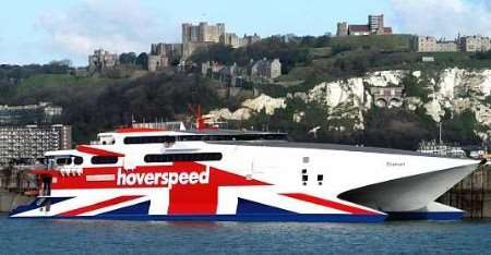 Hoverspeed's SeaCat Diamant with Dover castle in the background