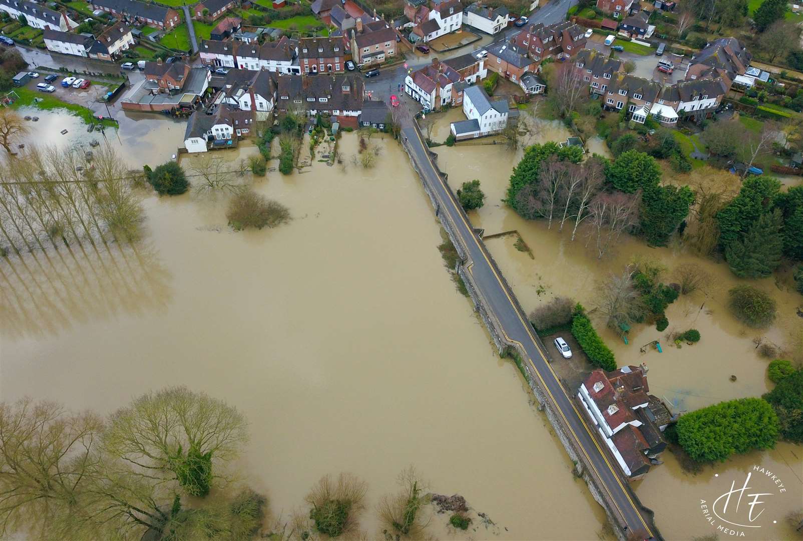 Aerial images show the extent of flooding in Yalding. Pic: Hawkeye Aerial Media (Twitter: @Hawkeye3185)
