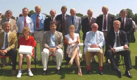 In front row, from left, are Colin Cowdrey's son Jeremy and grandson Charlie, Chris Cowdrey, Arthur Fielder's great-grand-daughter, Jodie Fielder, Peter Richardson and Graham Dilley. Picture: BARRY GOODWIN