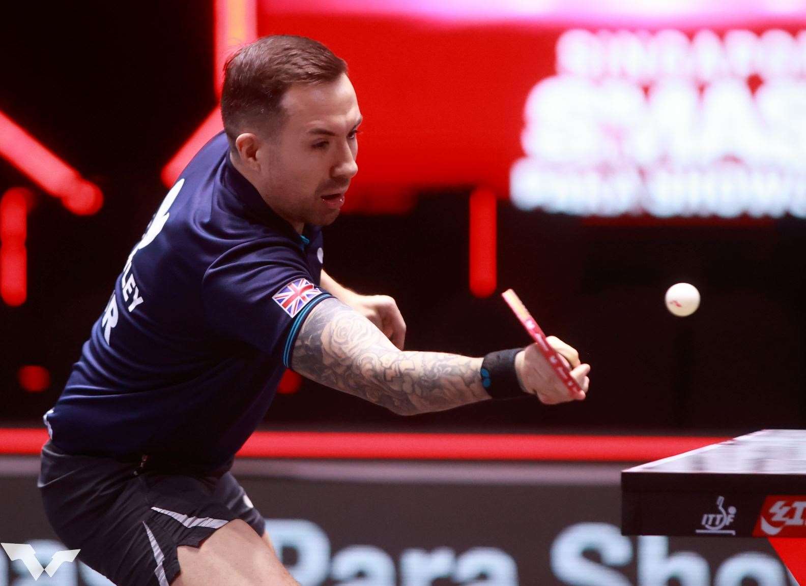 Tunbridge Wells' Will Bayley in action at the table during the Singapore Smash. Picture: World Table Tennis