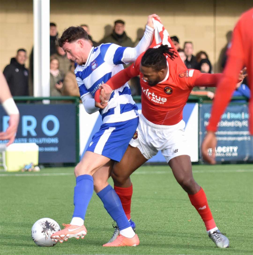 Fleet striker Dominic Poleon in action at Oxford City on Saturday - it proved to be manager Dennis Kutrieb’s final game in charge. Picture: Ed Miller/EUFC