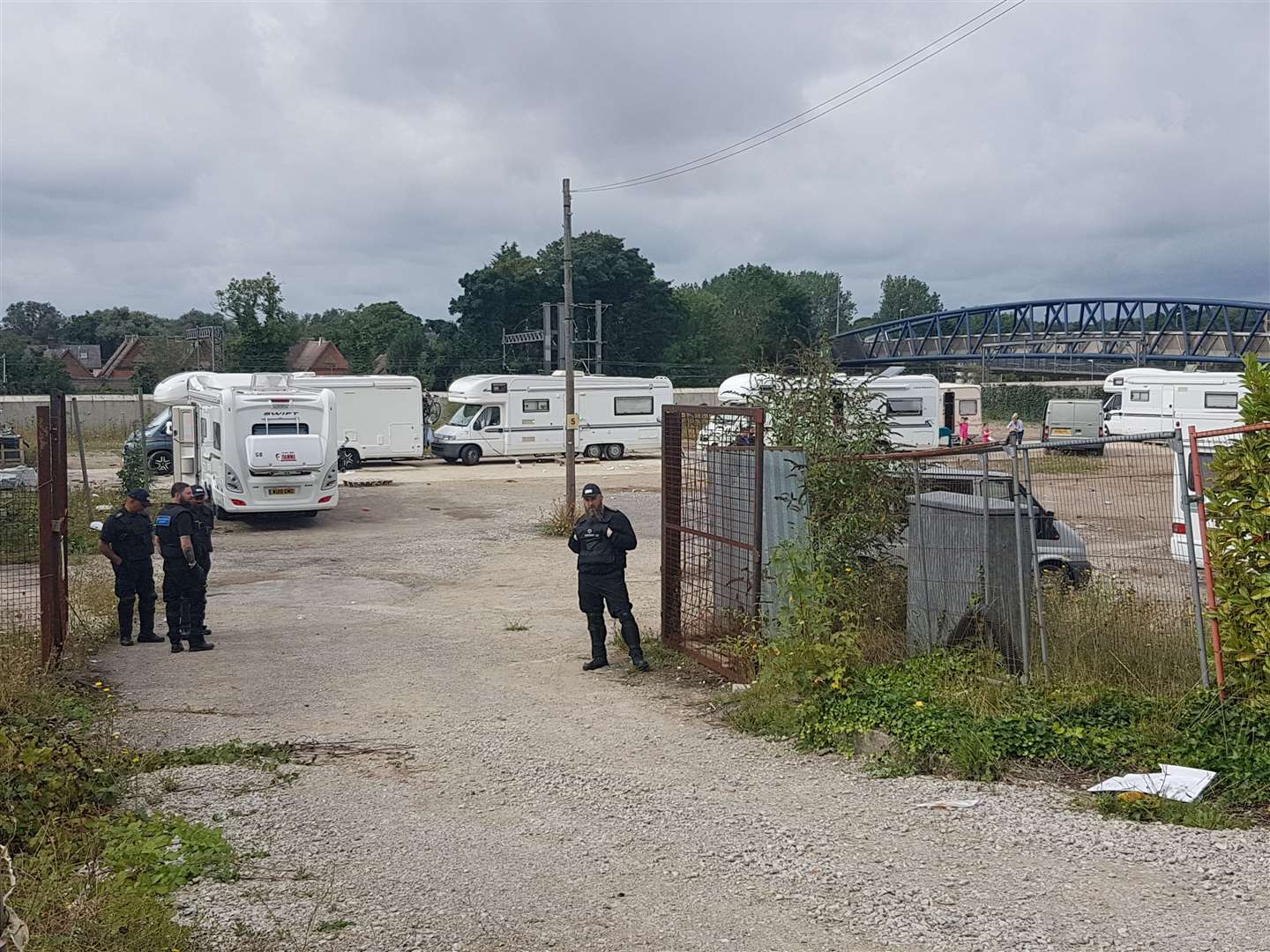 Bailiffs stationed at the entrance to the traveller camp on Elwick Road this morning