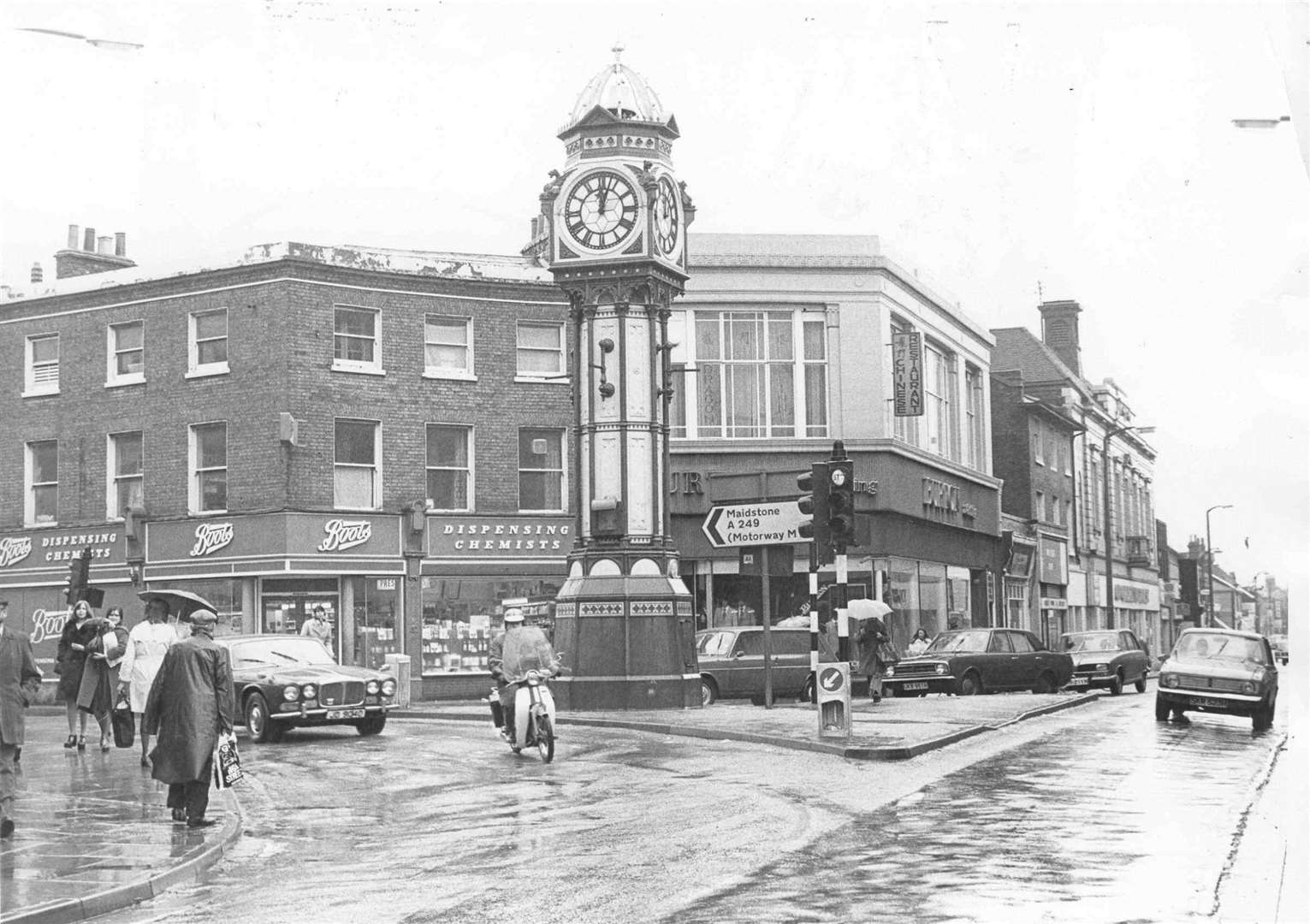 The clock tower in Sheerness High Street in March 1975