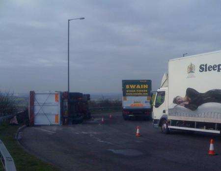 Overturned lorry on the Cuxton roundabout