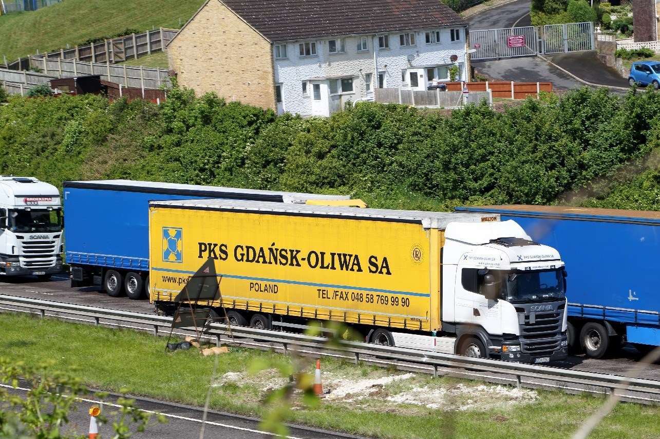 Lorries queued up on the A20 near Aycliffe, Dover, during Dover TAP