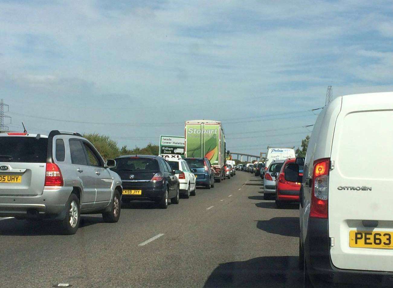 Traffic is at a standstill before the Sheppey Crossing this morning.