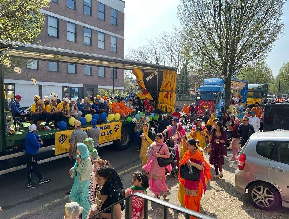 Thousands of people gathered at the Gravesend Gurdwara for a celebratory parade marking the Sikh festival of Vaisakhi which has returned after two years. Photo: Andy Singh