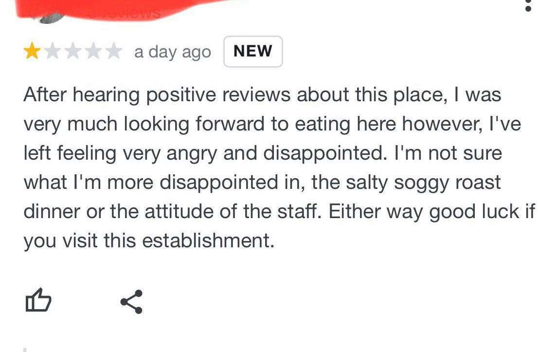 The review left on Google branded the food as “salty” and “soggy”. Picture: Stuart Fox