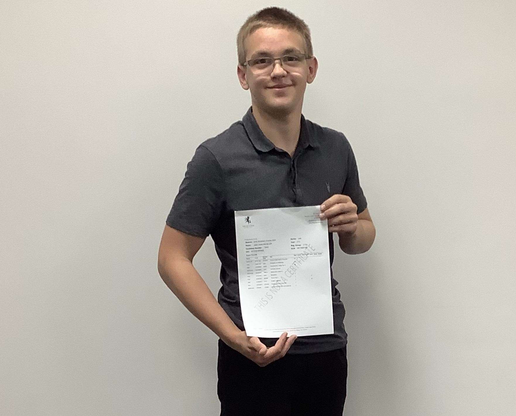 Jake Micallef from Lenham School obtained a grade 8 in science and geography, a grade 7 in English language and computer science, and a grade 6 in maths and English literature