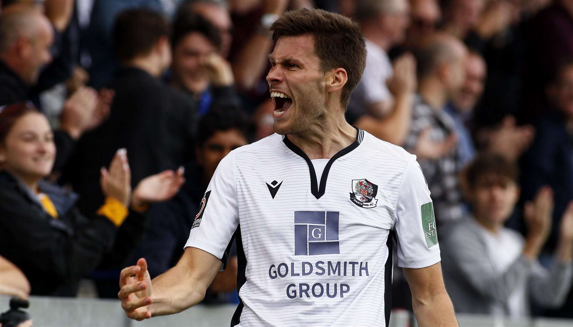 Charlie Sheringham scored twice for Dartford on Sunday to put them in charge of the play-off match