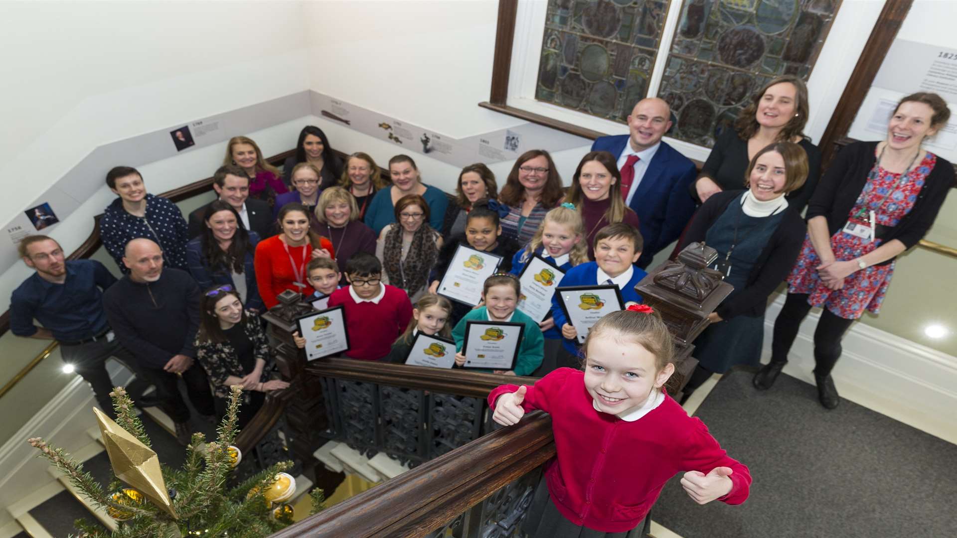Overall Champion, Ayanna Smith from Borden Primary School, with finalists, winners, and supporters at the Perfect Packed Lunch Awards staged at The Beaney House of Art and Knowledge, Canterbury.