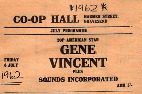 A promotional poster showing Gene Vincent as one of the acts playing at the Co-op hall
