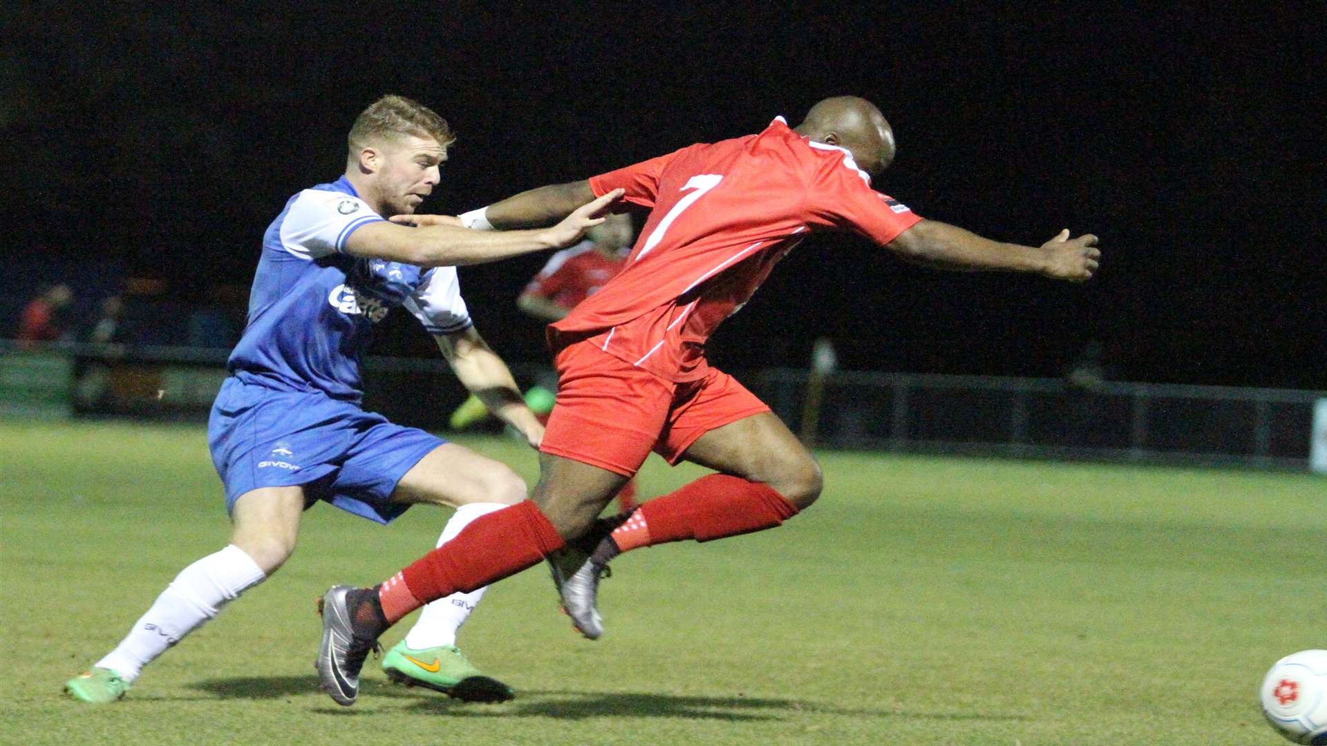 Margate's Alex Osborn battles for the ball against Harrow Borough on Tuesday Picture: Don Walker
