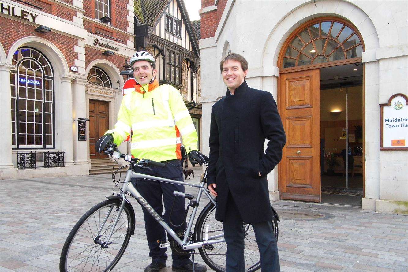 Cllr Stephen Paine with a civil enforcement officer out on cycle patrol