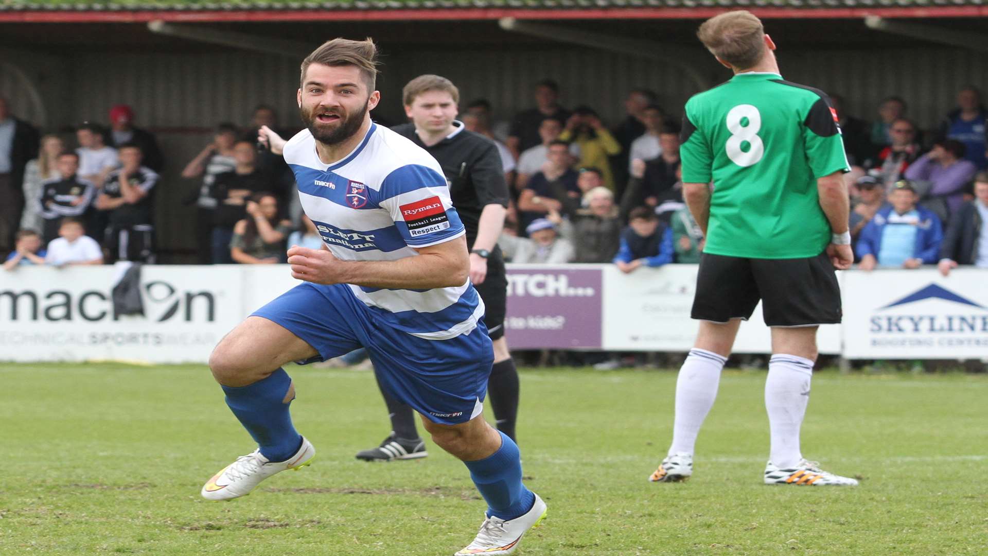 Ryan Moss wheels away after scoring Margate's winner in the play-off final Picture: Don Walker