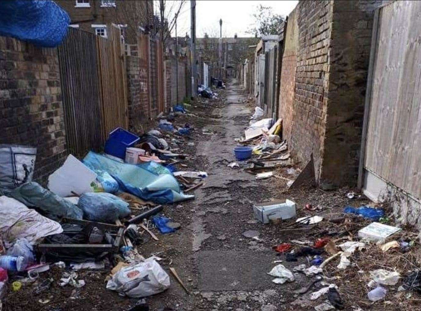 Fly tipping and waste strewn in alleyways between Elthelbert Road and Athelstan Road in Margate in 2019