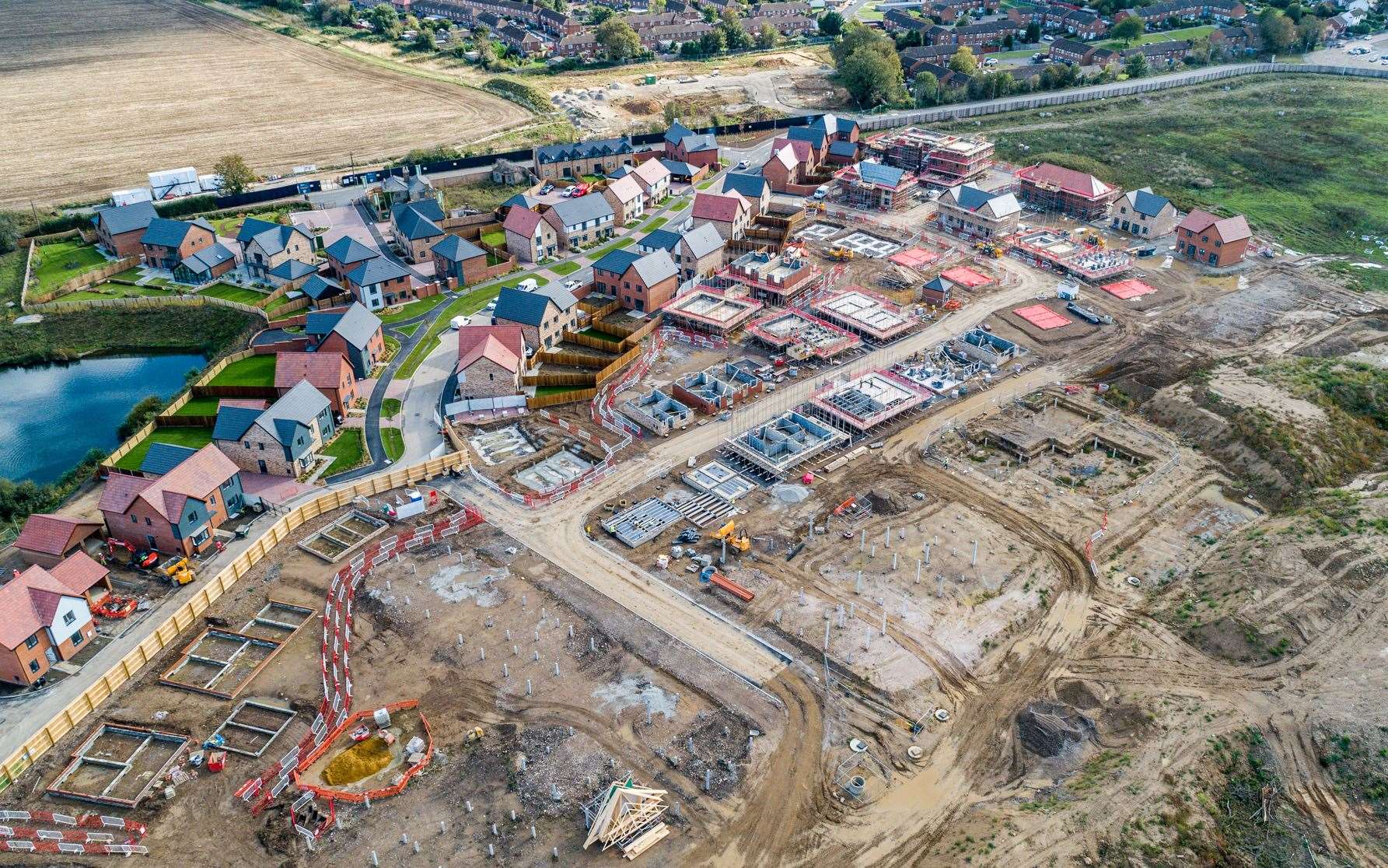 An aerial image of the Faversham Lakes development