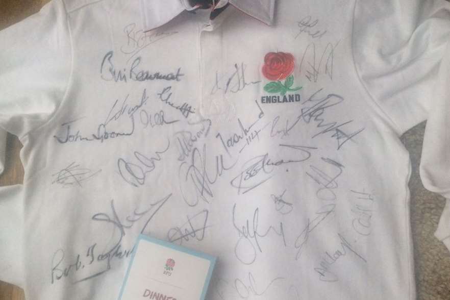 The England rugby team have signed a shirt for the auction, as well as the coaches and World Cup winners Jason Leonard and Richard Hill, plus former England captains Bill Beumont and Rob Andrew