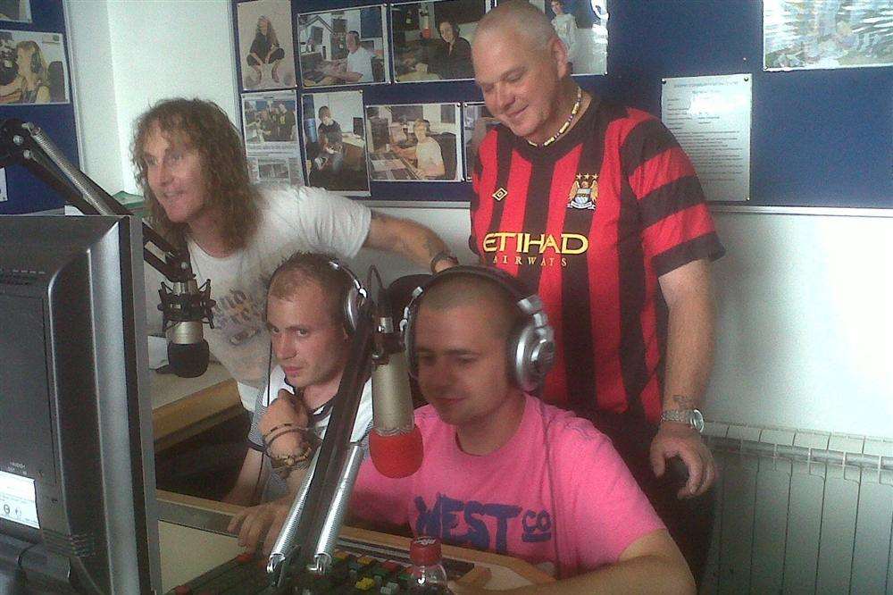 DJs Mick Kenten and Dusty with East Kent Mencap members Grant Weller and Reece Reeder at Sheppey FM