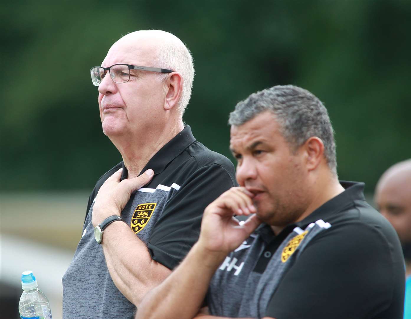 John Still, and Hakan Hayrettin, Maidstones bosses watch Maidstone United and Bromley in a pre-match friendly at Gallagher Stadium. Picture: John Westhrop. (15707761)