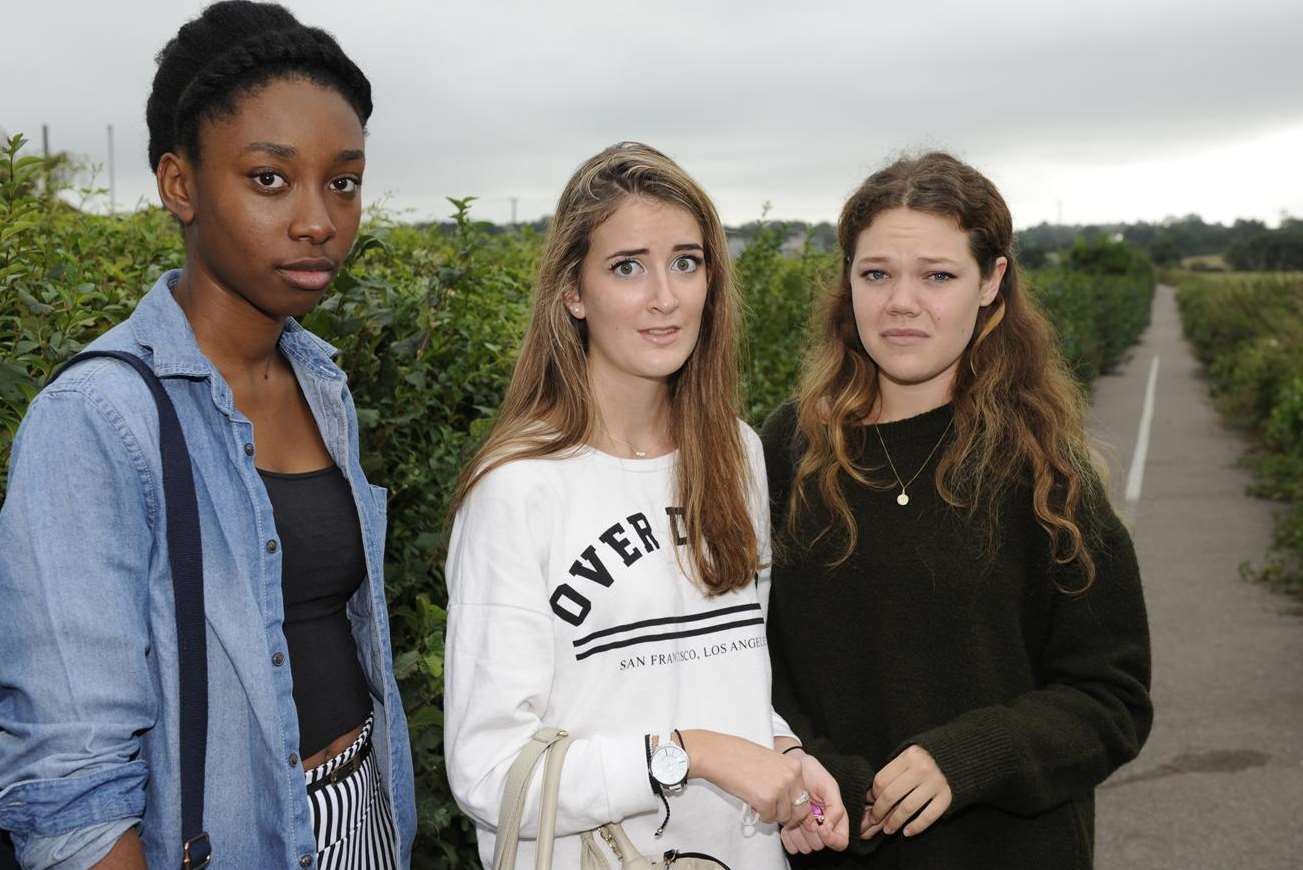 Pupils Liseli Briscoe, Alex Jesperson and Rhiannon Drakeley, all 17, are horrified by the rats