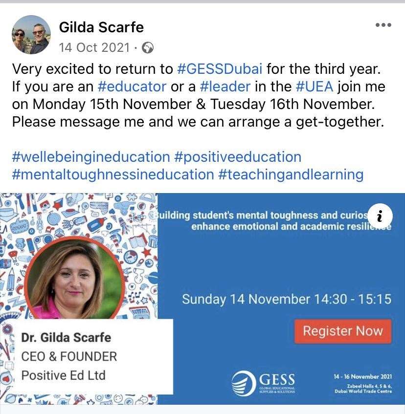 One of many posts Gilda Scarfe shared on her personal Facebook page which referred to her as a ‘Dr’ or ‘PhD’