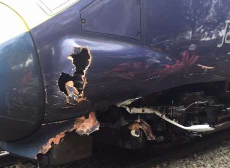 A hole has been ripped into the front of the High Speed Javelin train. Picture: British Transport Police