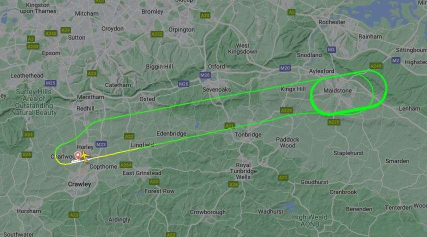 The plane's journey from Gatwick to Maidstone, and back to Gatwick. Picture: Flightradar24