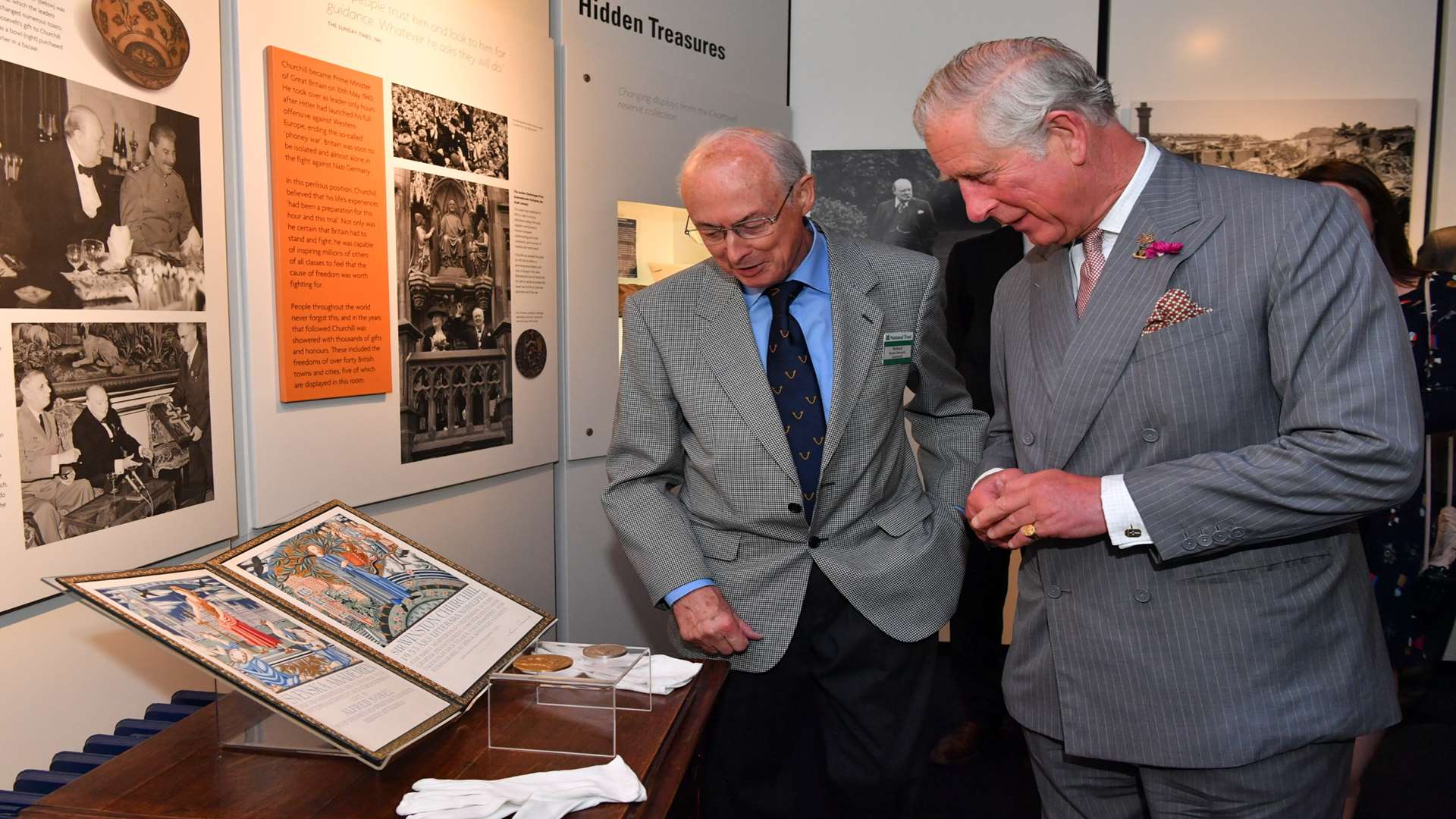 HRH The Prince of Wales being shown the Nobel Prize for Literature by volunteer Richard Wilcox at National Trust property Chartwell in Kent, the family home of Sir Winston Churchill. Photo: Professional Images/@ProfImages